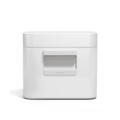 Simplehuman White Compost Caddy, straight front view highlighting the magnetic latch handle.