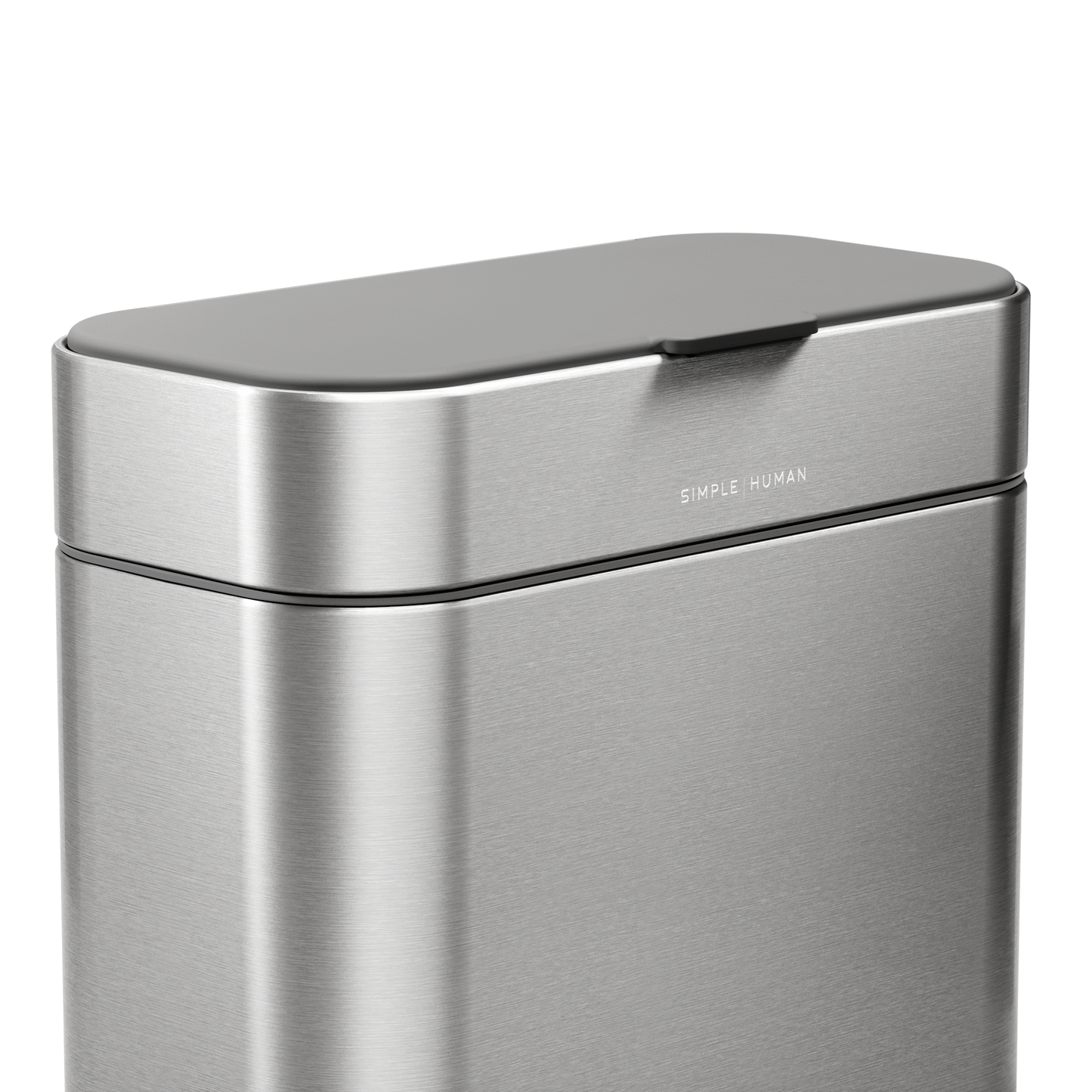 Detail view of Simplehuman Brushed Stainless Steel Compost Caddy, showing the gray lid resting flush for an odor-proof seal.