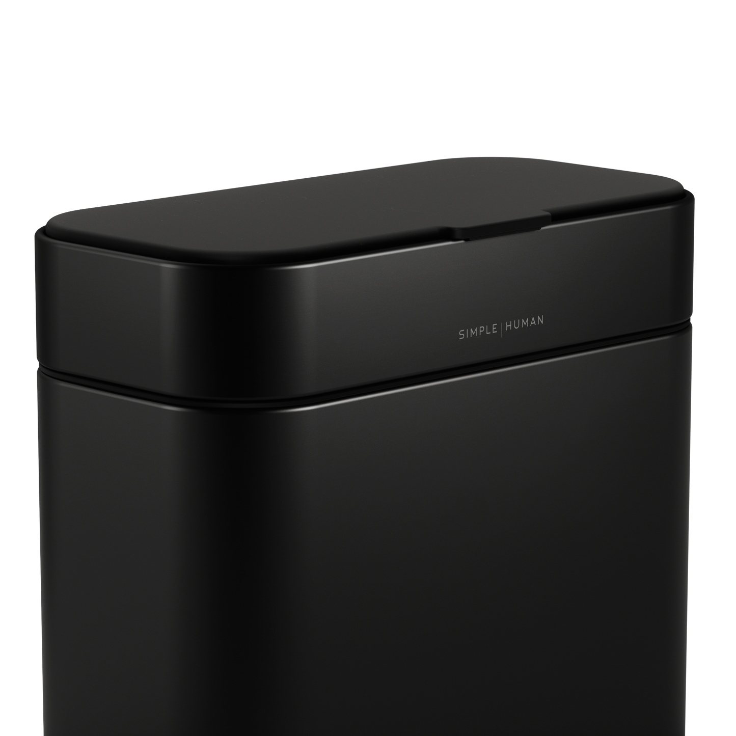 Close-up of Simplehuman Matte Black Compost Caddy showing branding and tight, odor-proof lid seal.