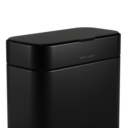 Close-up of Simplehuman Matte Black Compost Caddy showing branding and tight, odor-proof lid seal.