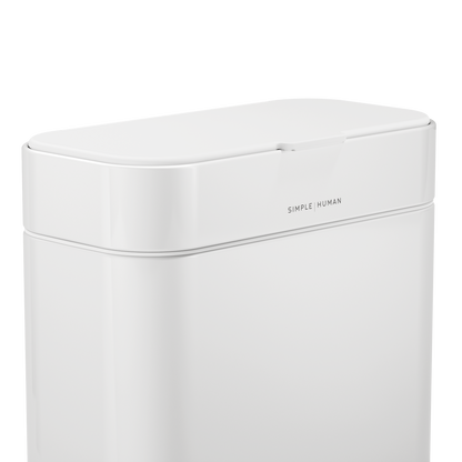 Simplehuman White Compost Caddy. Close-up showing branding and flush lid creating an odor-proof seal.