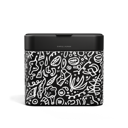 Simplehuman Compost Caddy in Matte Black with white doodle pattern, odor-proof countertop use.