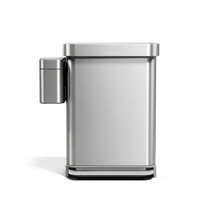 Simplehuman Brushed Stainless Steel Compost Caddy magnetically docked to a large kitchen step can.