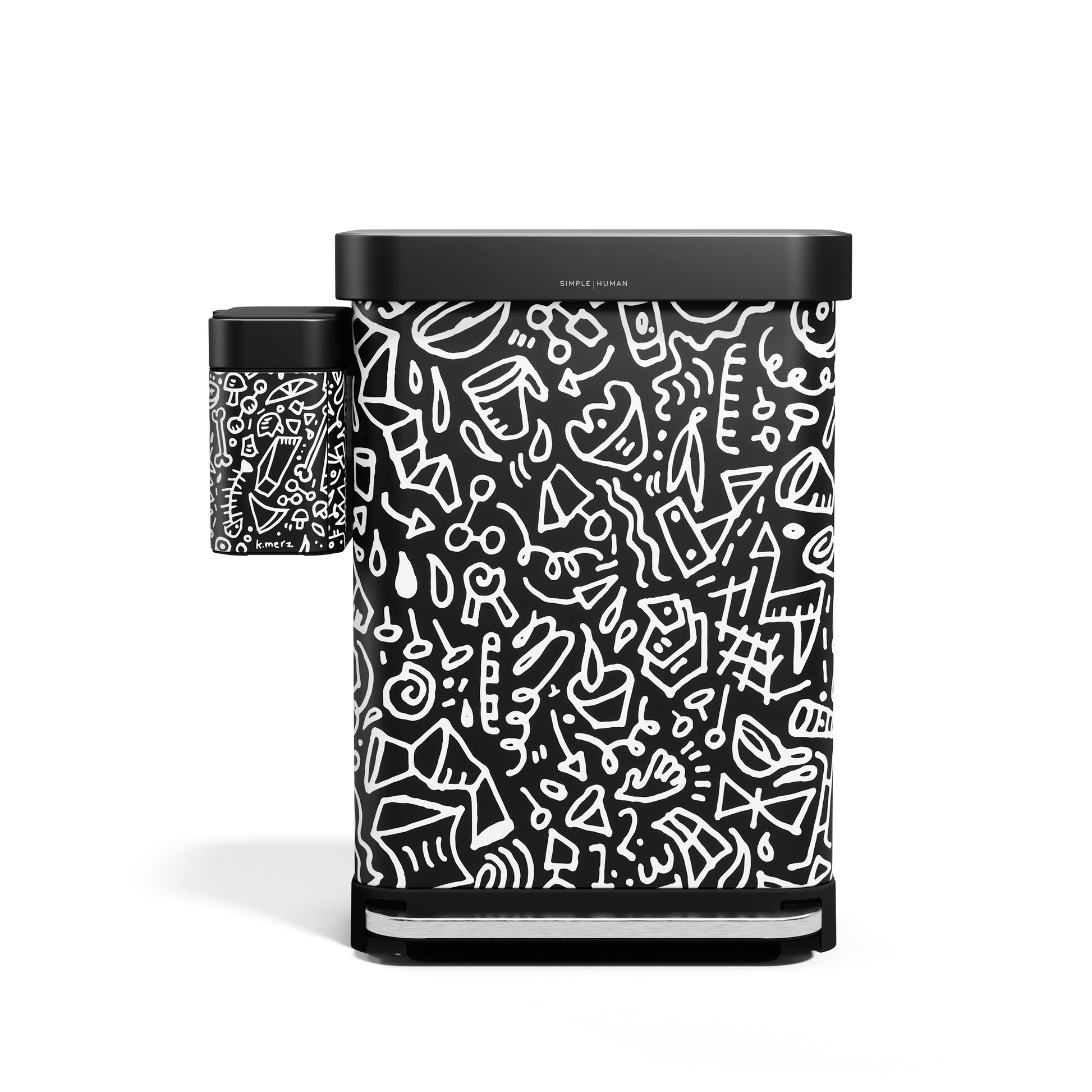 Simplehuman Compost Caddy shown next to matching Step Can in Matte Black with white doodle pattern, for complete waste system.