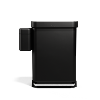 Simplehuman Matte Black Step Can with magnetically attached Compost Caddy, full front view.