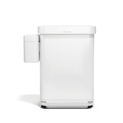 Side view of Simplehuman White Step Can with magnetically attached Compost Caddy for easy access.