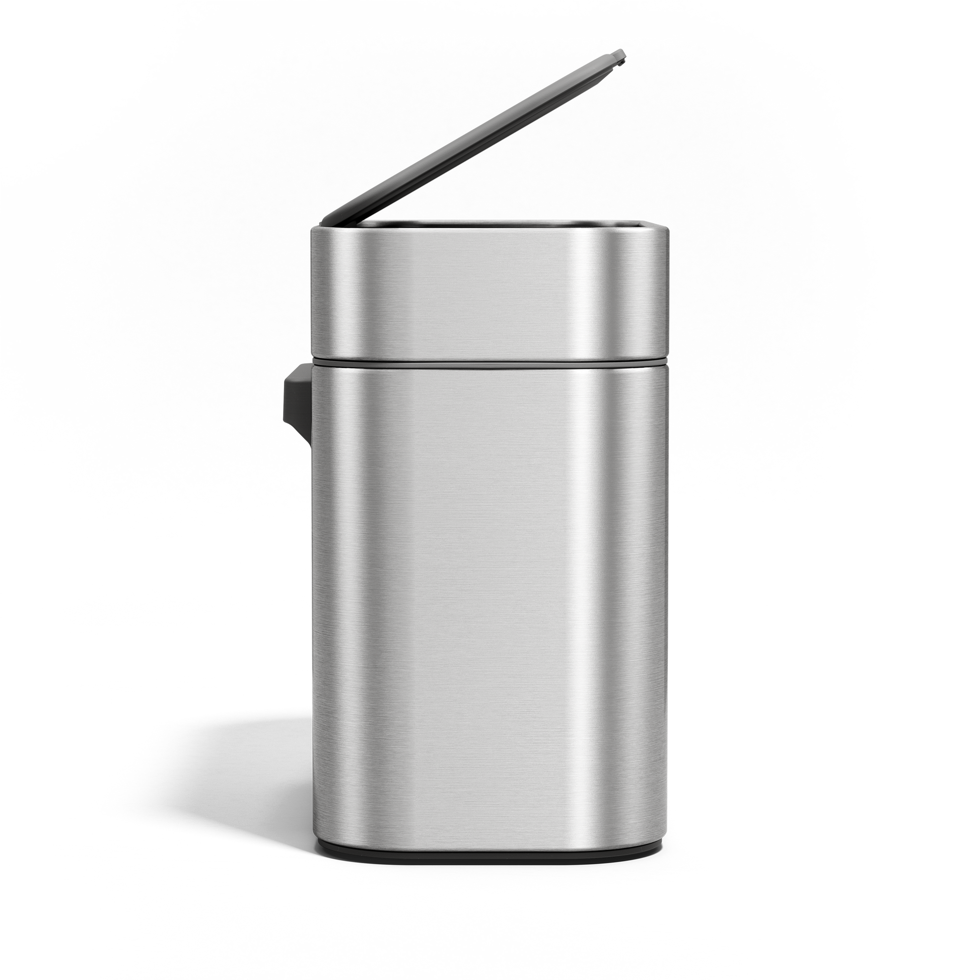 Simplehuman Brushed Stainless Steel Compost Caddy, front view with partially open lid for easy countertop use.