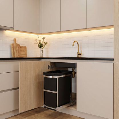Simplehuman's In-Cabinet Can in a modern kitchen setting.