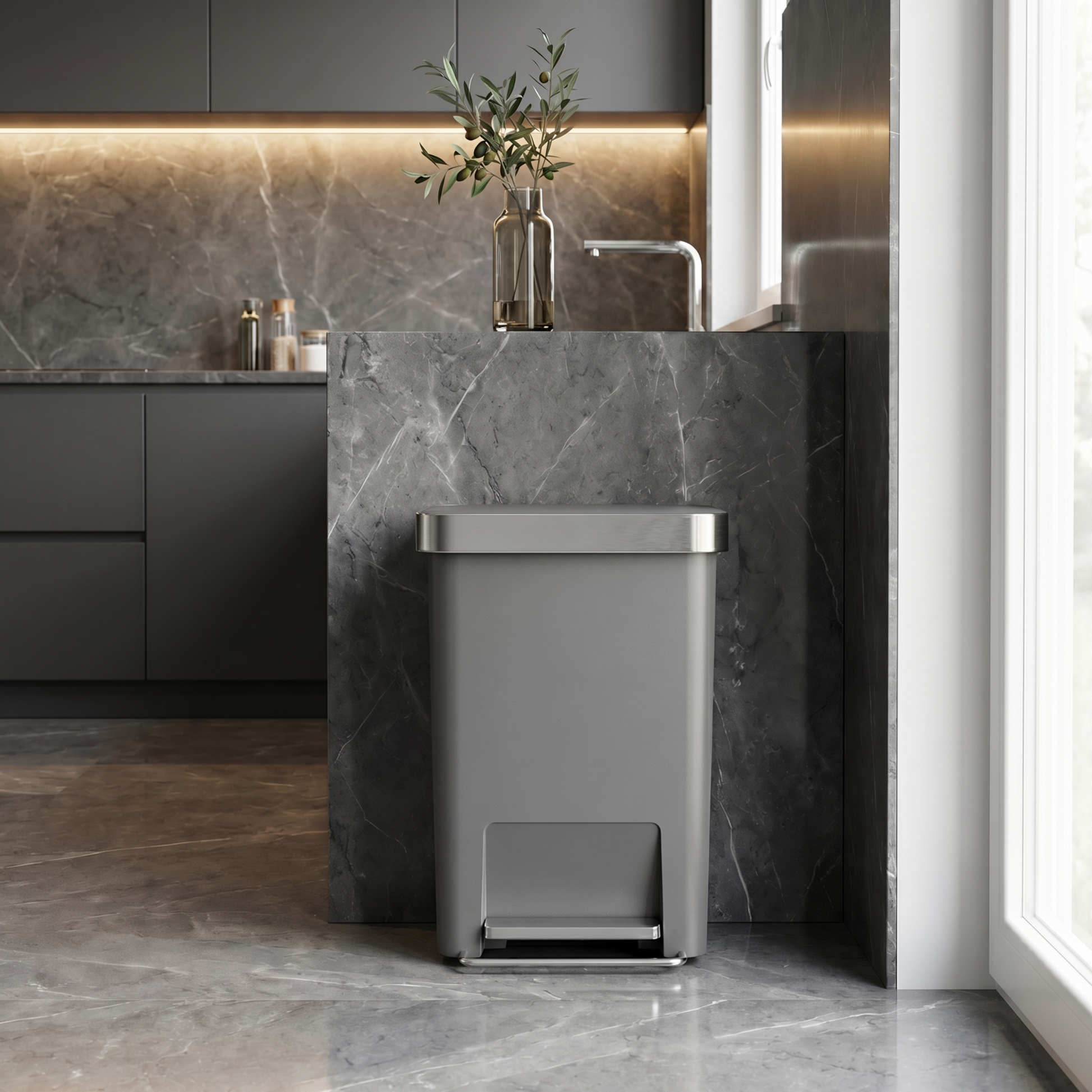 Simplehuman's 45L Hybrid Can in a modern, futuristic bathroom setting.