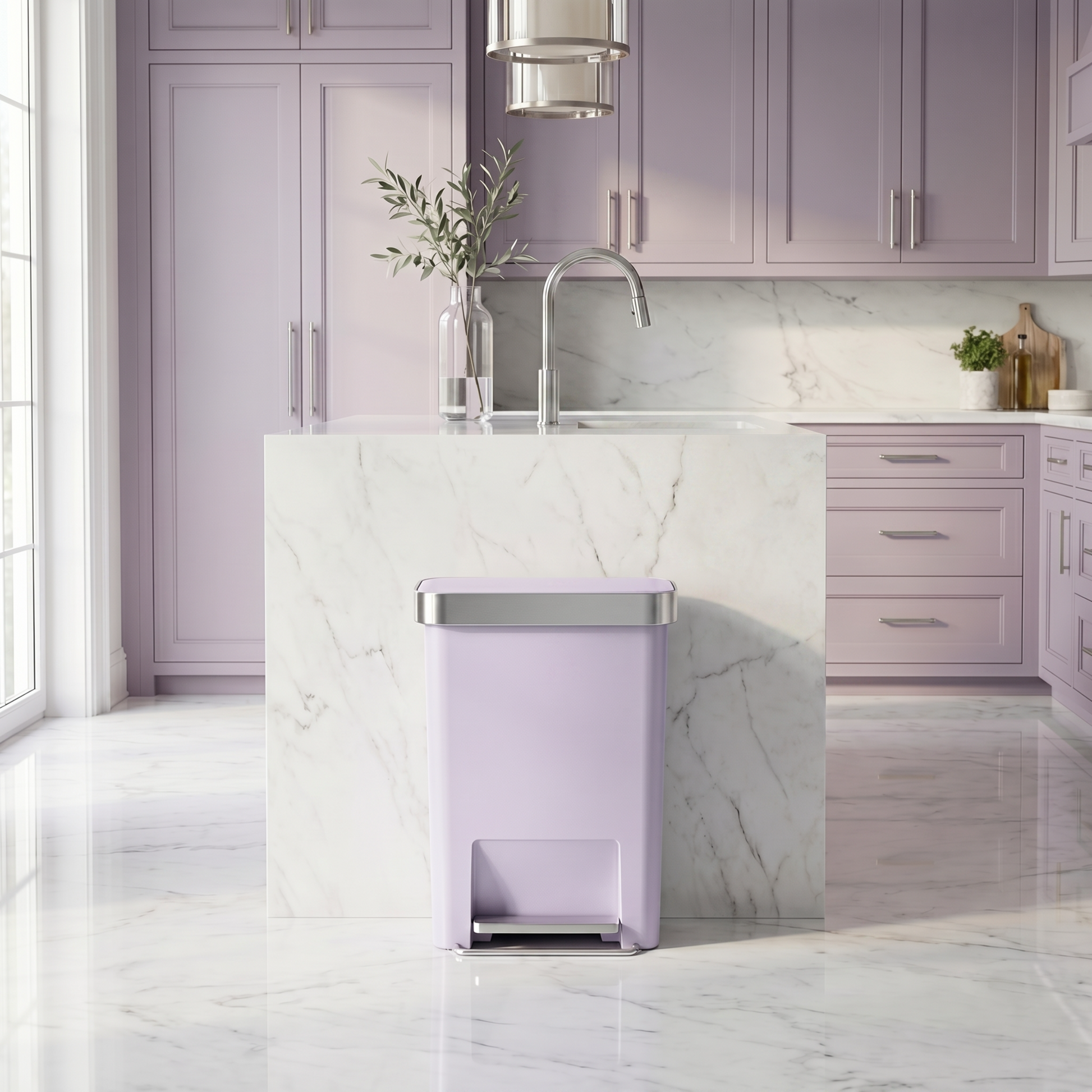 Simplehuman's 45L Hybrid Can in Lilac in a modern kitchen setting with matching cabinets.