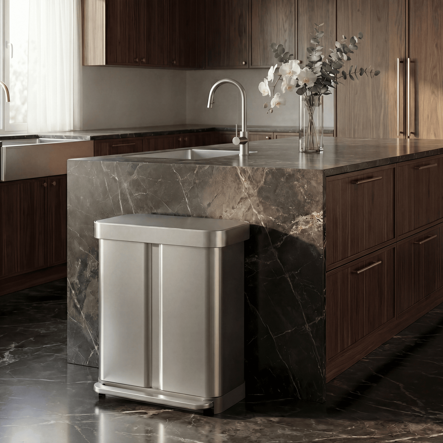 Simplehuman's 58L Step Recycler in Brushed in a modern kitchen setting white dark marble flooring and countertop featuring wooden cabinetry.