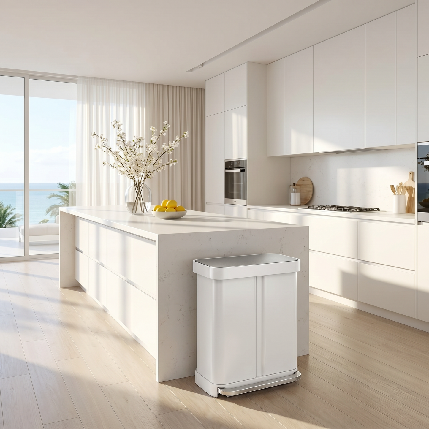 Simplehuman's 58L Step Recycler in white in a modern, coastal kitchen setting.