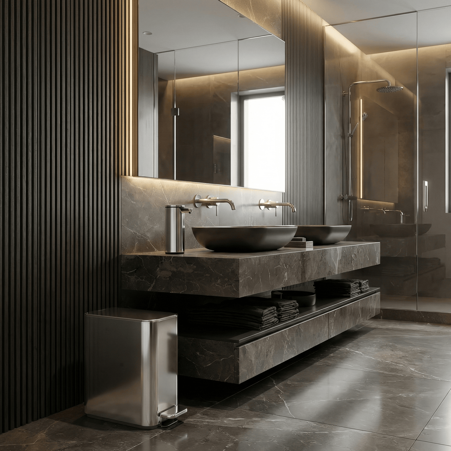 Simplehuman's 5L Slim Step Can in Polished in a modern bathroom setting with towels and a matching sensor pump on the counter top.