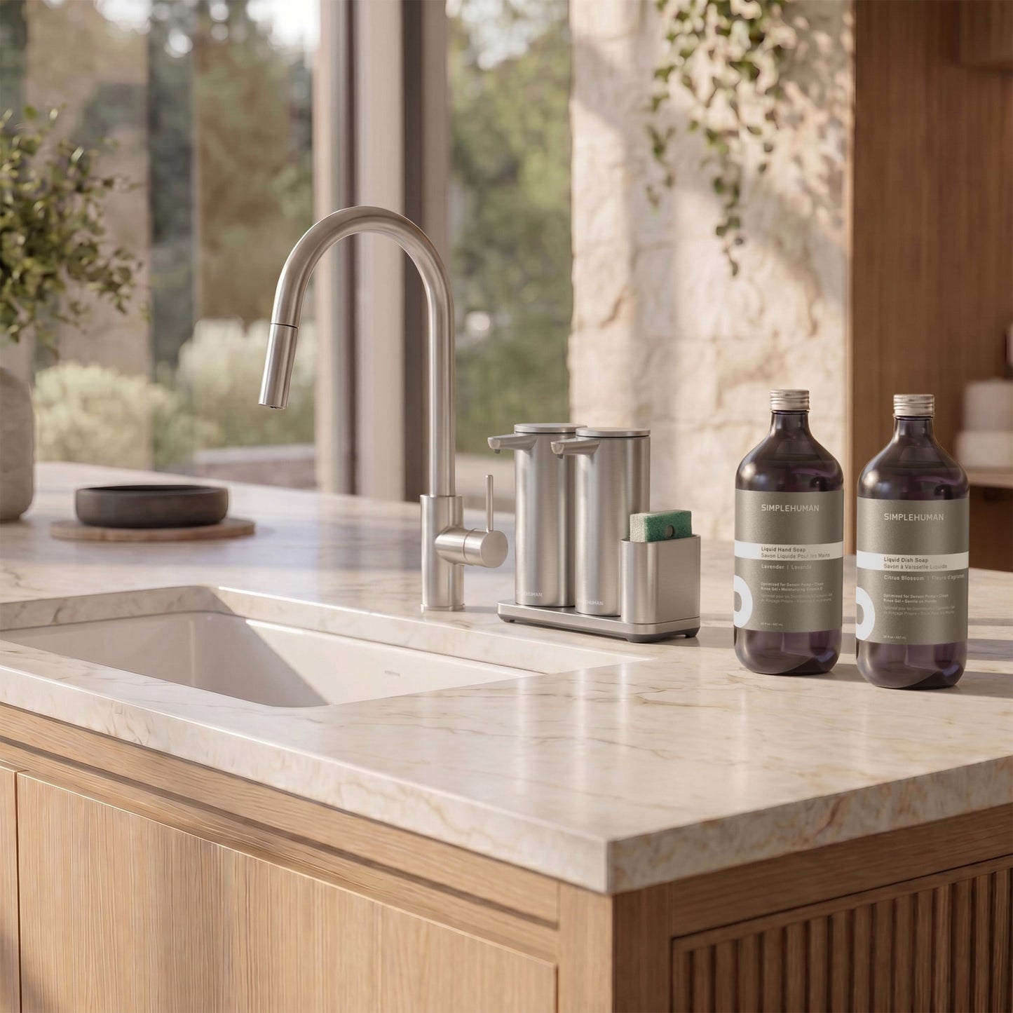 Simplehuman's Sensor Pump with Hand and Dish Soap Refill Bottles.