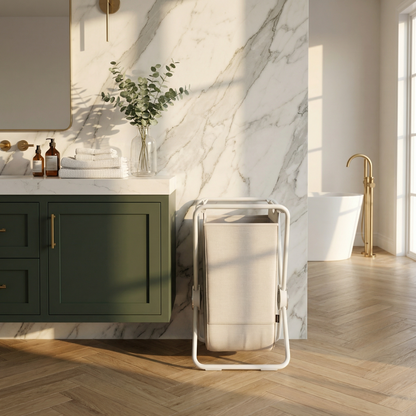Simplehuman's Single X-Frame Hamper in an east-coast styled bathroom with natural light.
