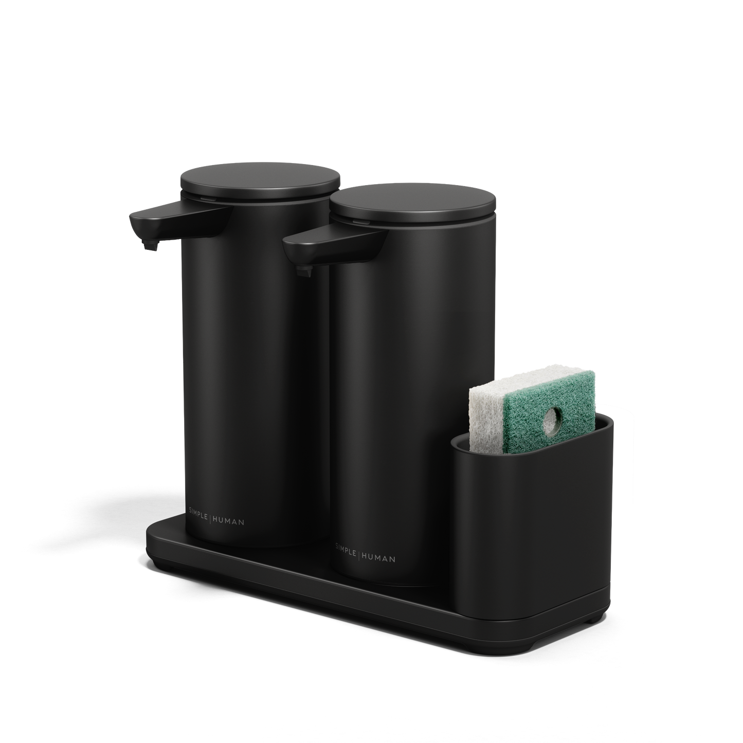 Angled view of Simplehuman Matte Black Dual Sensor Pump 14 oz. with caddy, rechargeable and hands-free dispensing.