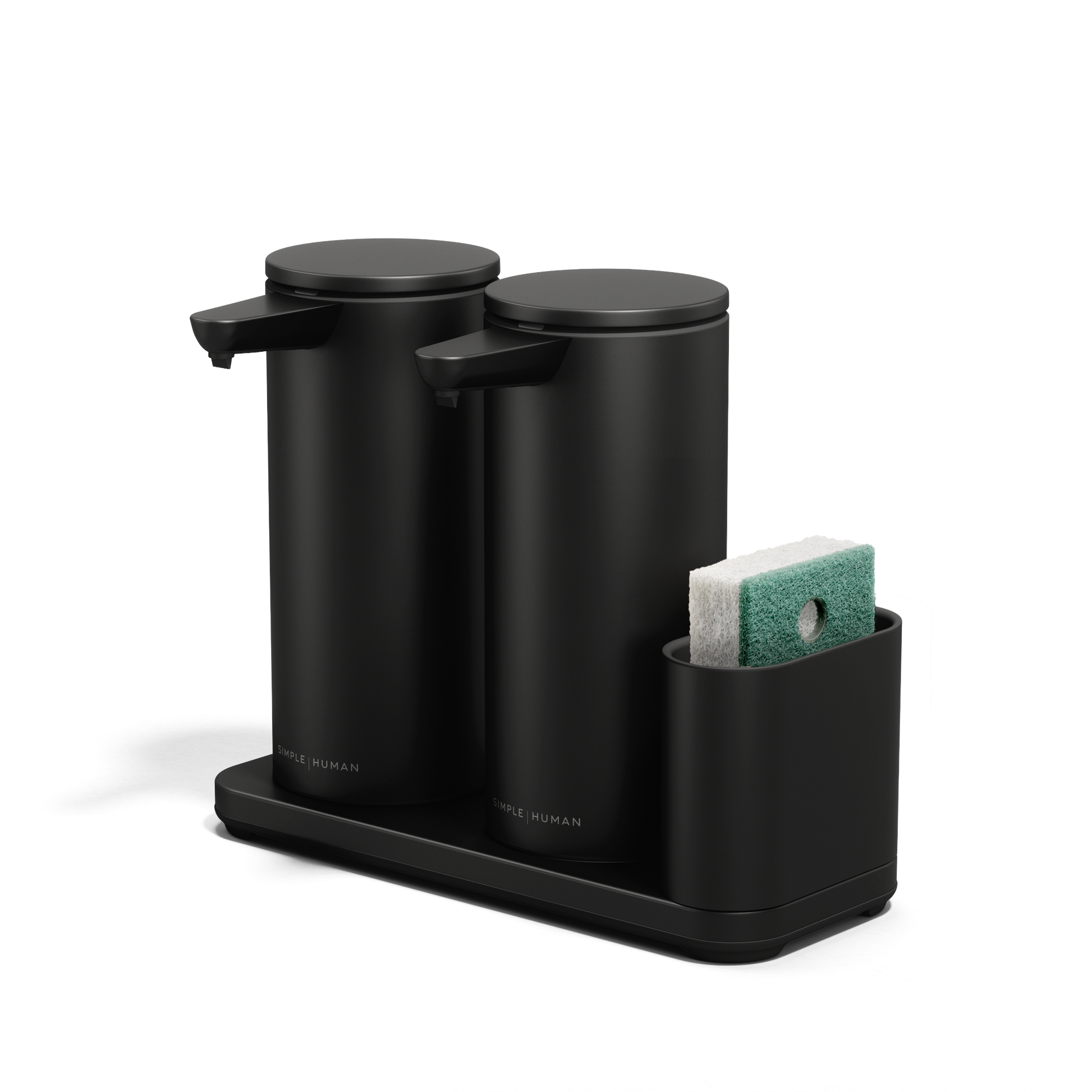 Angled view of Simplehuman Matte Black Dual Sensor Pump 14 oz. with caddy, rechargeable and hands-free dispensing.