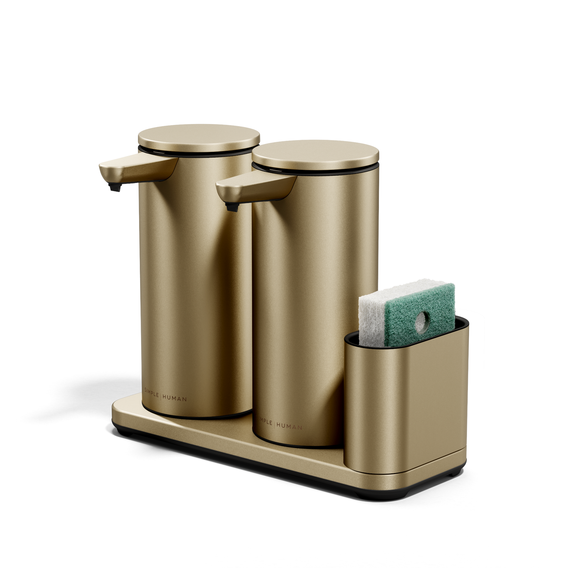 Three-quarter view of Simplehuman Brushed Brass Dual Sensor Pump 14 oz. with sponge caddy, twin rechargeable sensors.