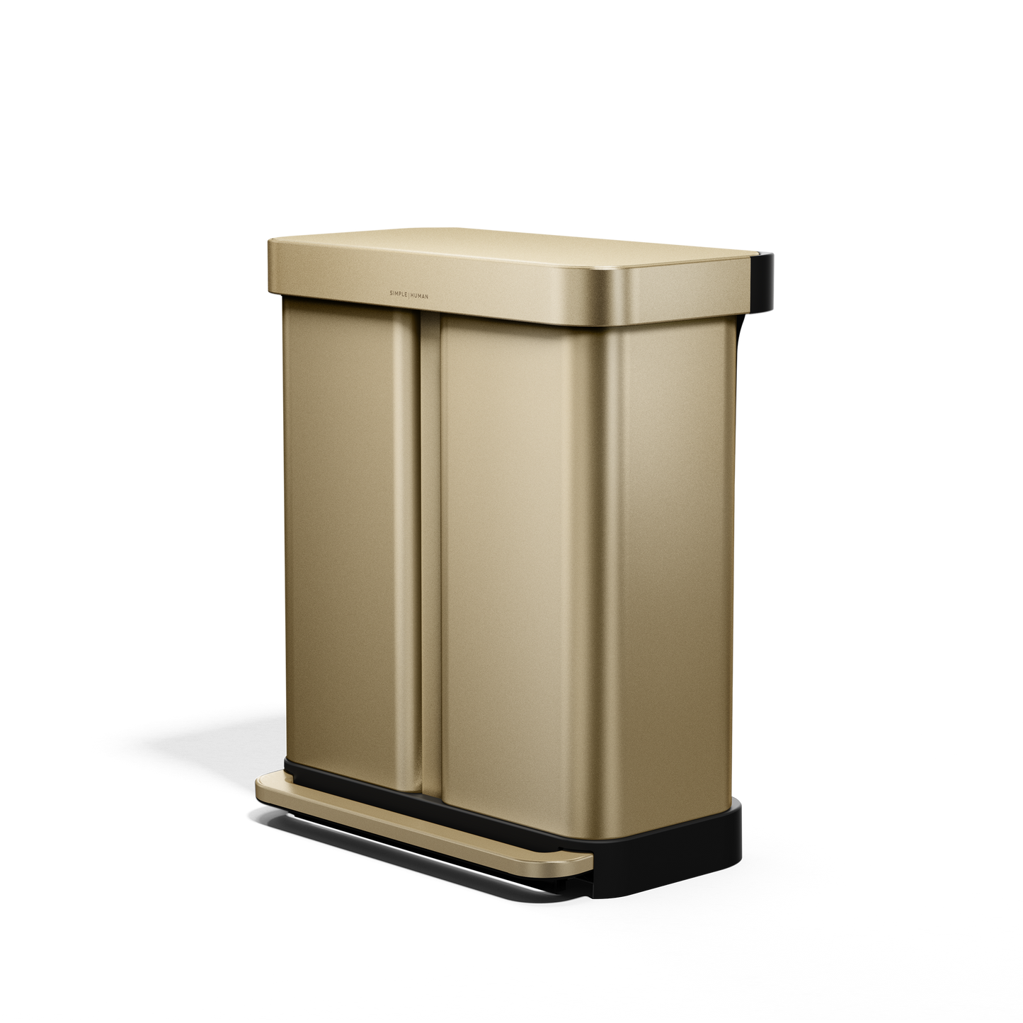 Tight angled view of Simplehuman 58L Step Recycler in Brass, dual compartments.
