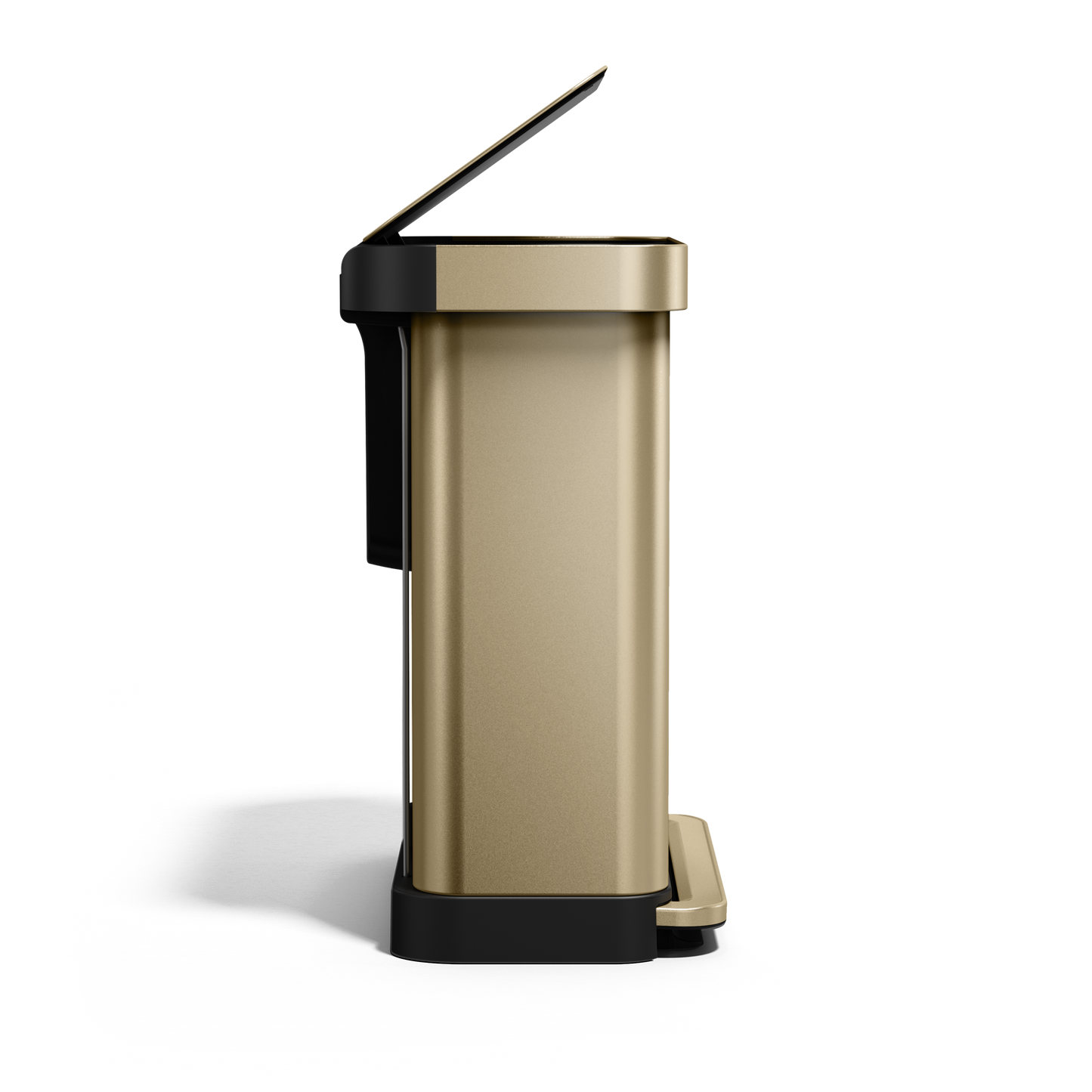 Side view of Simplehuman 58L Step Recycler in Brass with lid open, dual compartment, hands-free use.