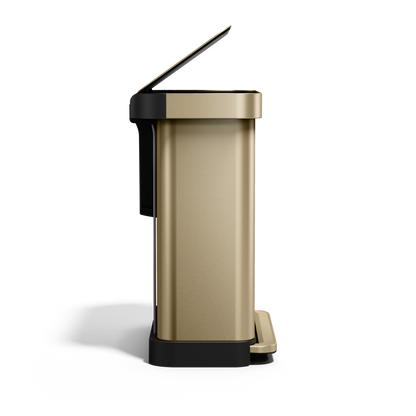 Side view of Simplehuman 58L Step Recycler in Brass with lid open, dual compartment, hands-free use.