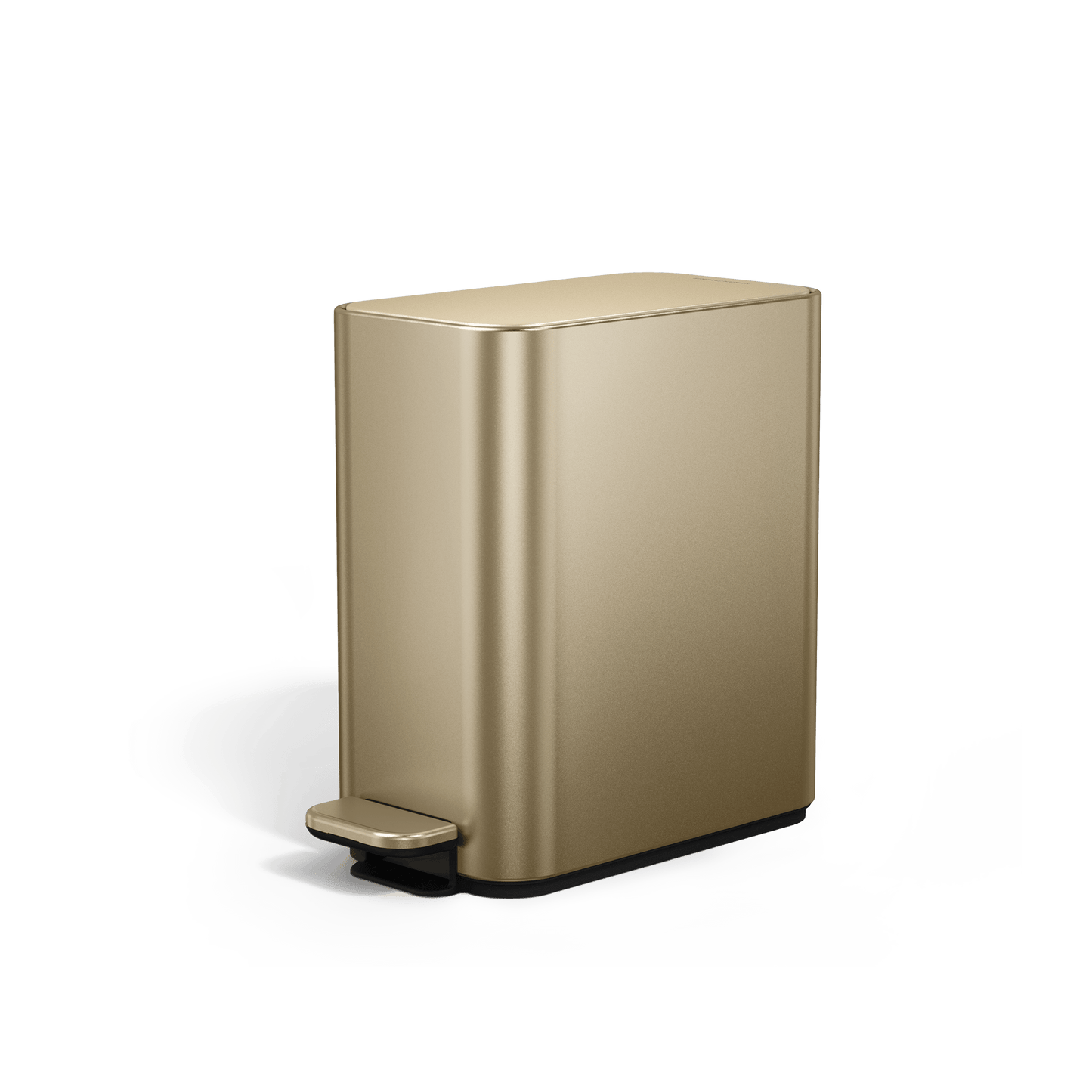 Simplehuman 5L Slim Step Can in Brass, space-saving slim profile, hands-free foot pedal.