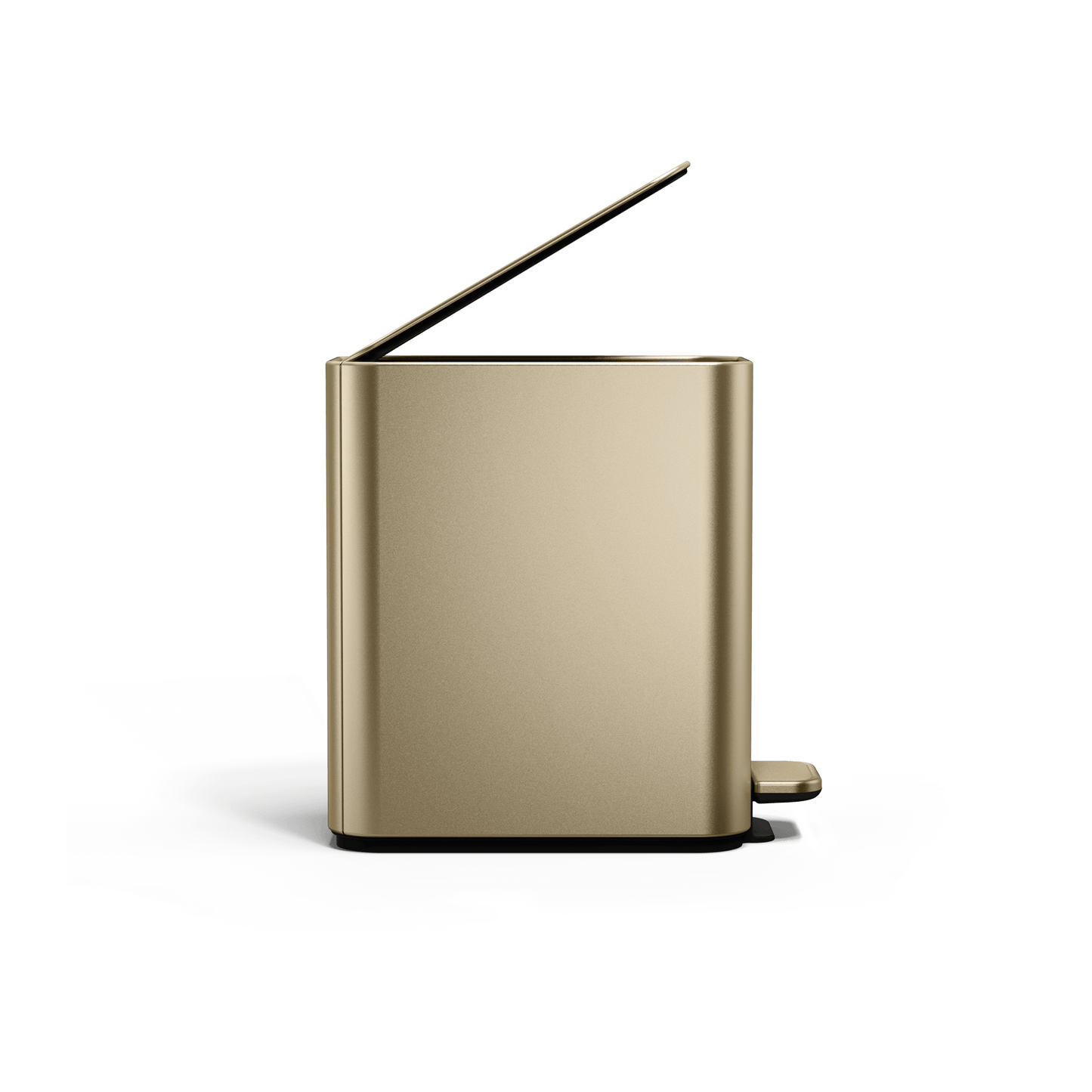 Simplehuman 5L Slim Step Can in Brass, open view, hands-free foot pedal operation.
