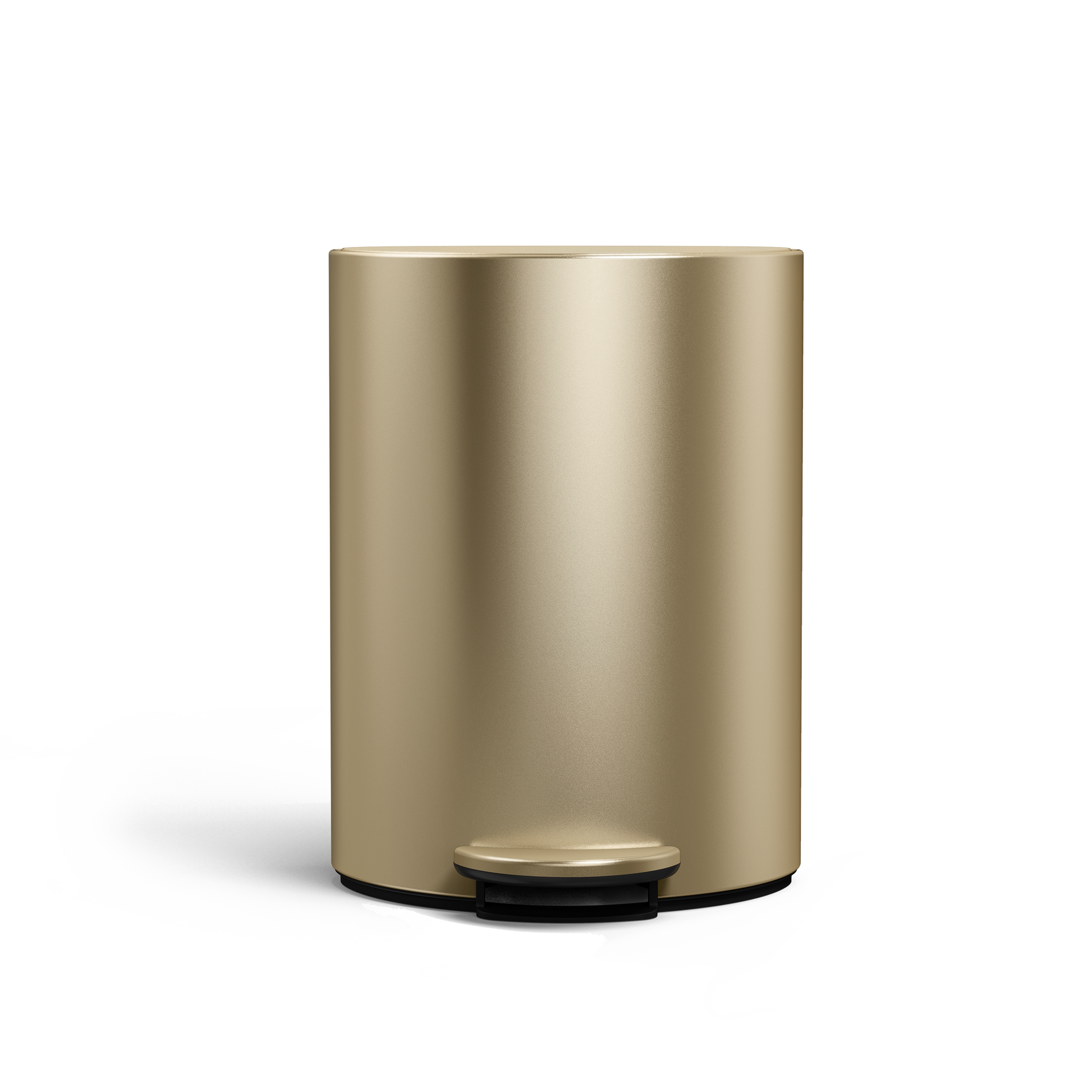 Simplehuman 6L Semi-Round Step Can in Brass, studio view, space-saving shape, hands-free foot pedal.