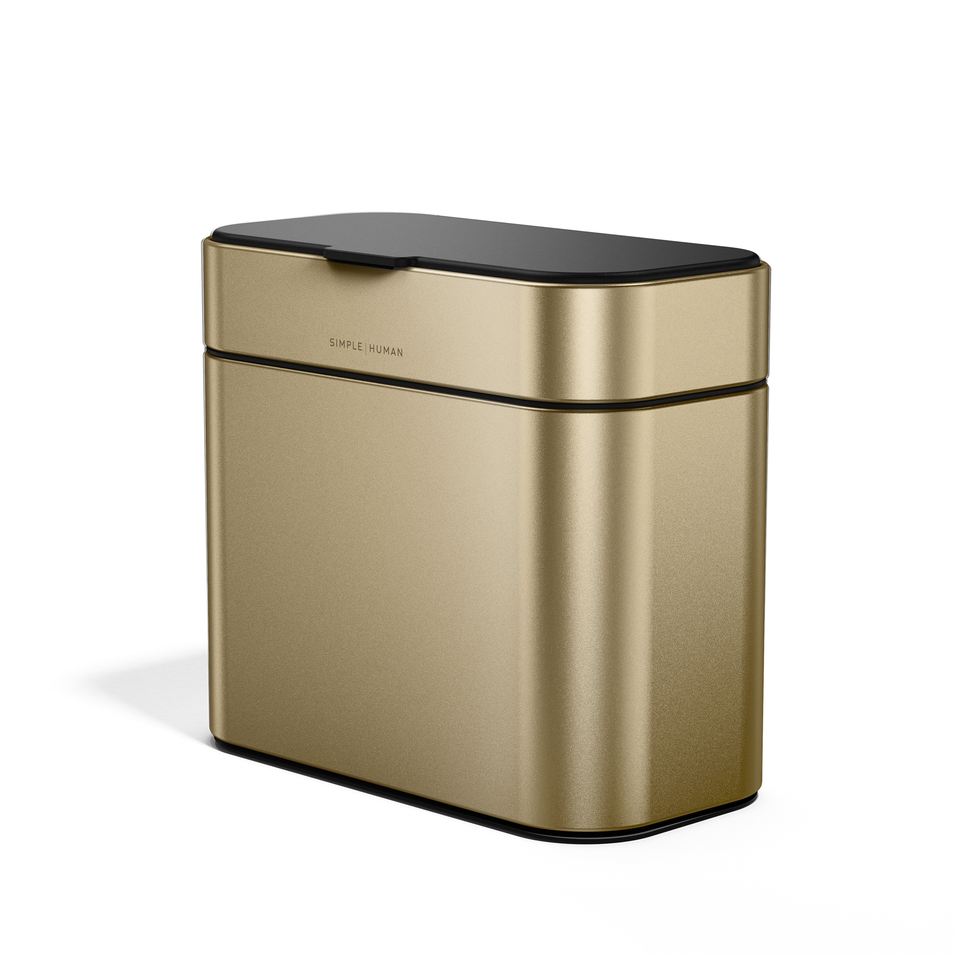 Simplehuman Brass Compost Caddy, angled view, showing tight odor-proof seal and magnetic latch.