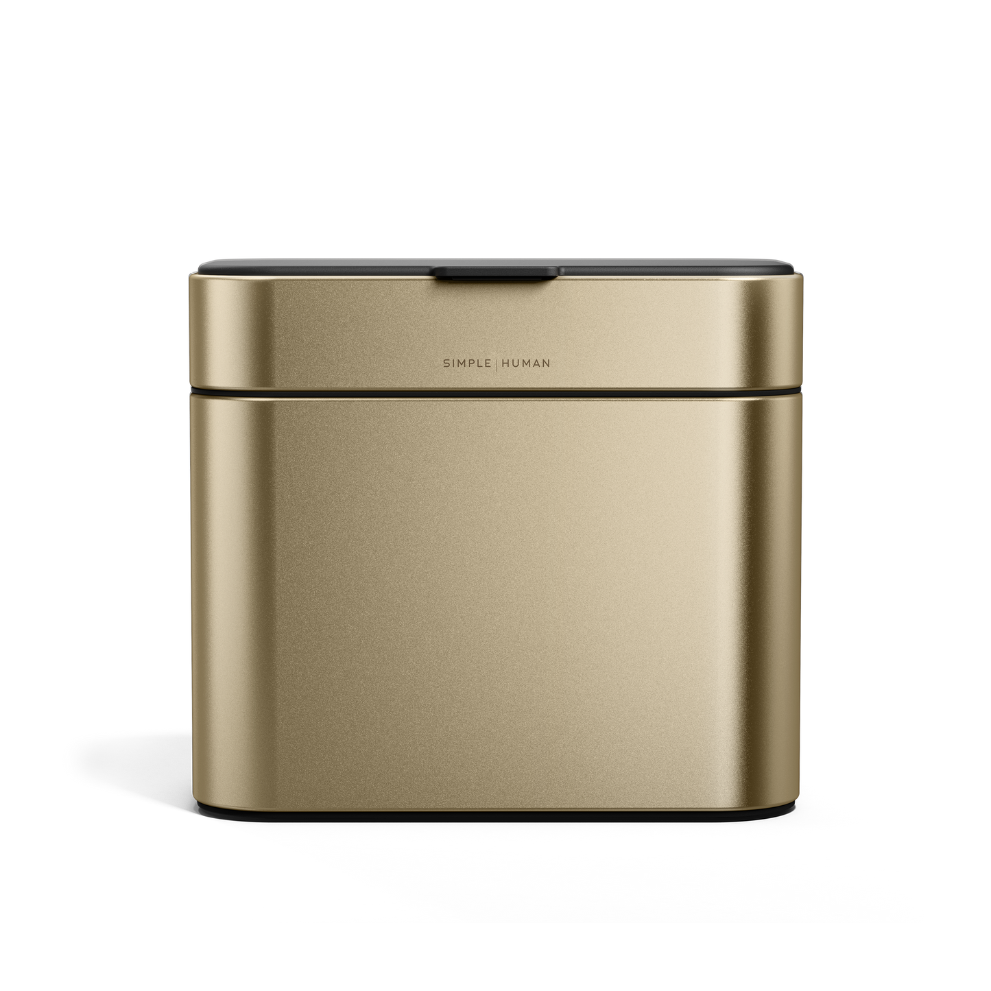Simplehuman Brass Compost Caddy, tight front view showing odor-proof seal and magnetic latch.