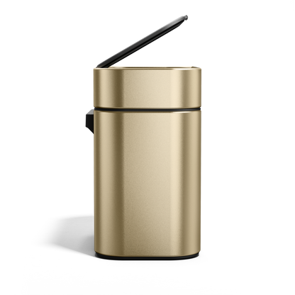 Profile view of Simplehuman Brass Compost Caddy with raised lid for quick food scrap disposal.