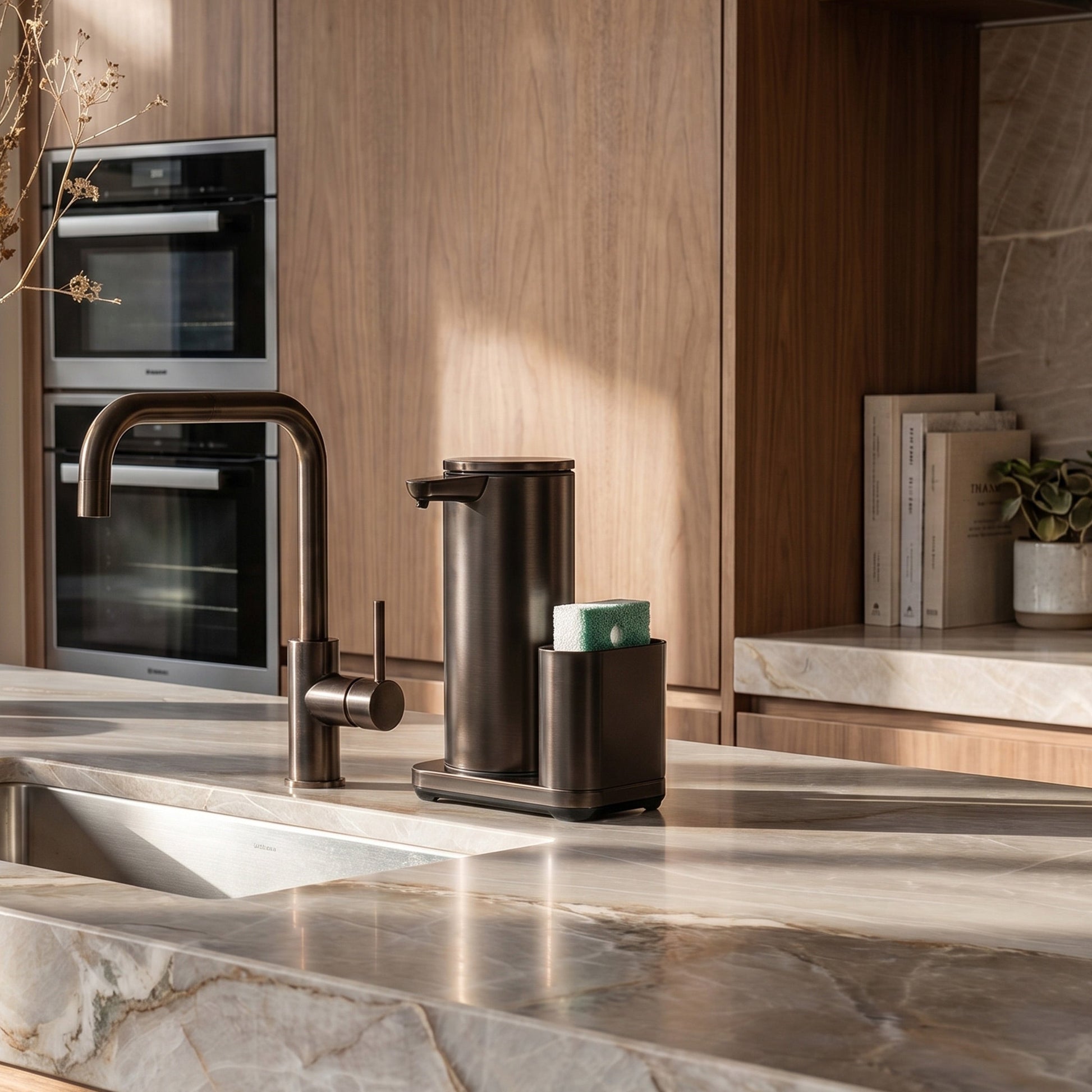 Simplehuman's 14 oz. Liquid Sensor Pump with Caddy in Oiled Bronze on a marble countertop in a rustic, kitchen setting.