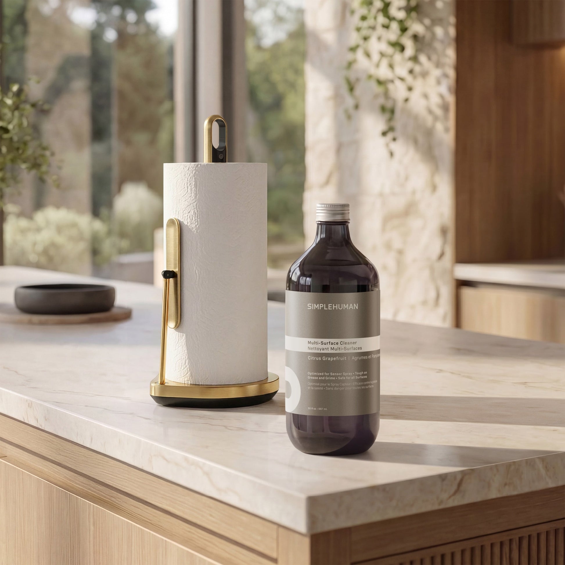 Simplehuman's Paper Towel Holder with Spray with Multi-Surface Cleaner Refill Bottle.