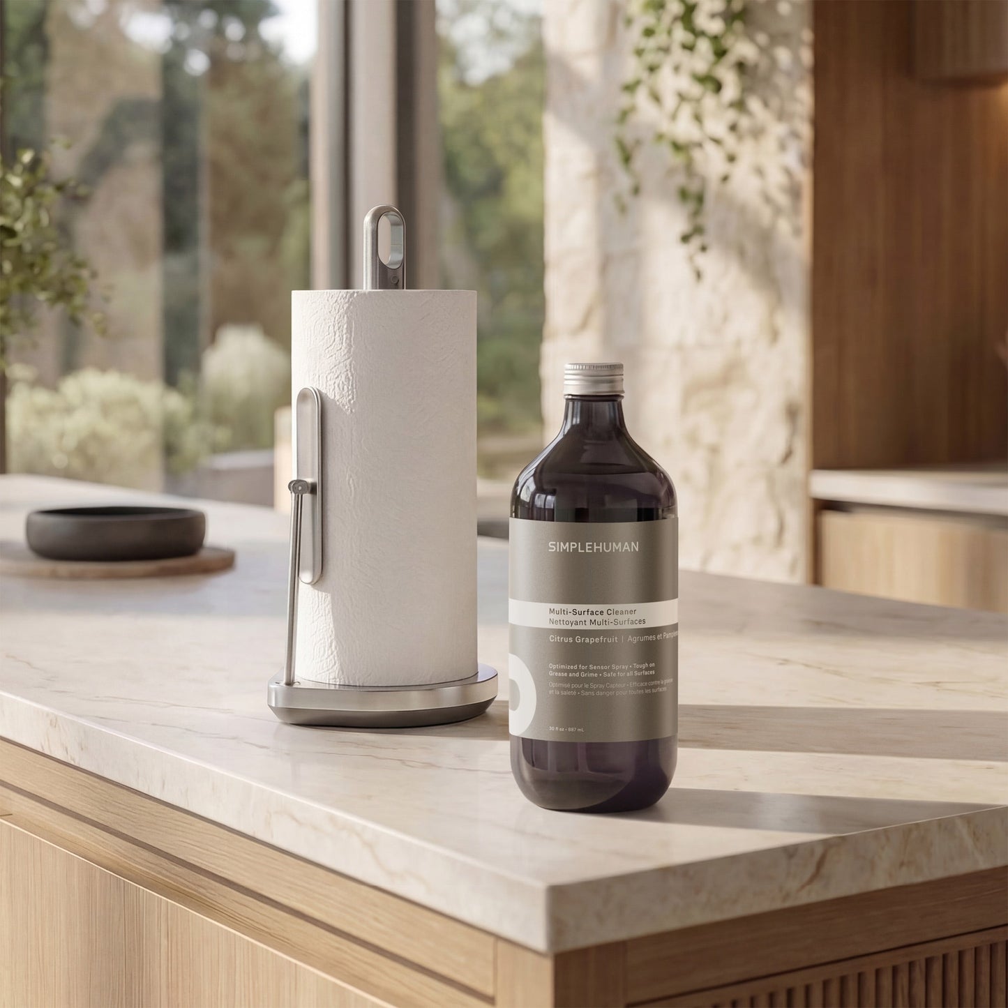 Simplehuman's Paper Towel Holder with Spray with Multi-Surface Cleaner Refill Bottle.