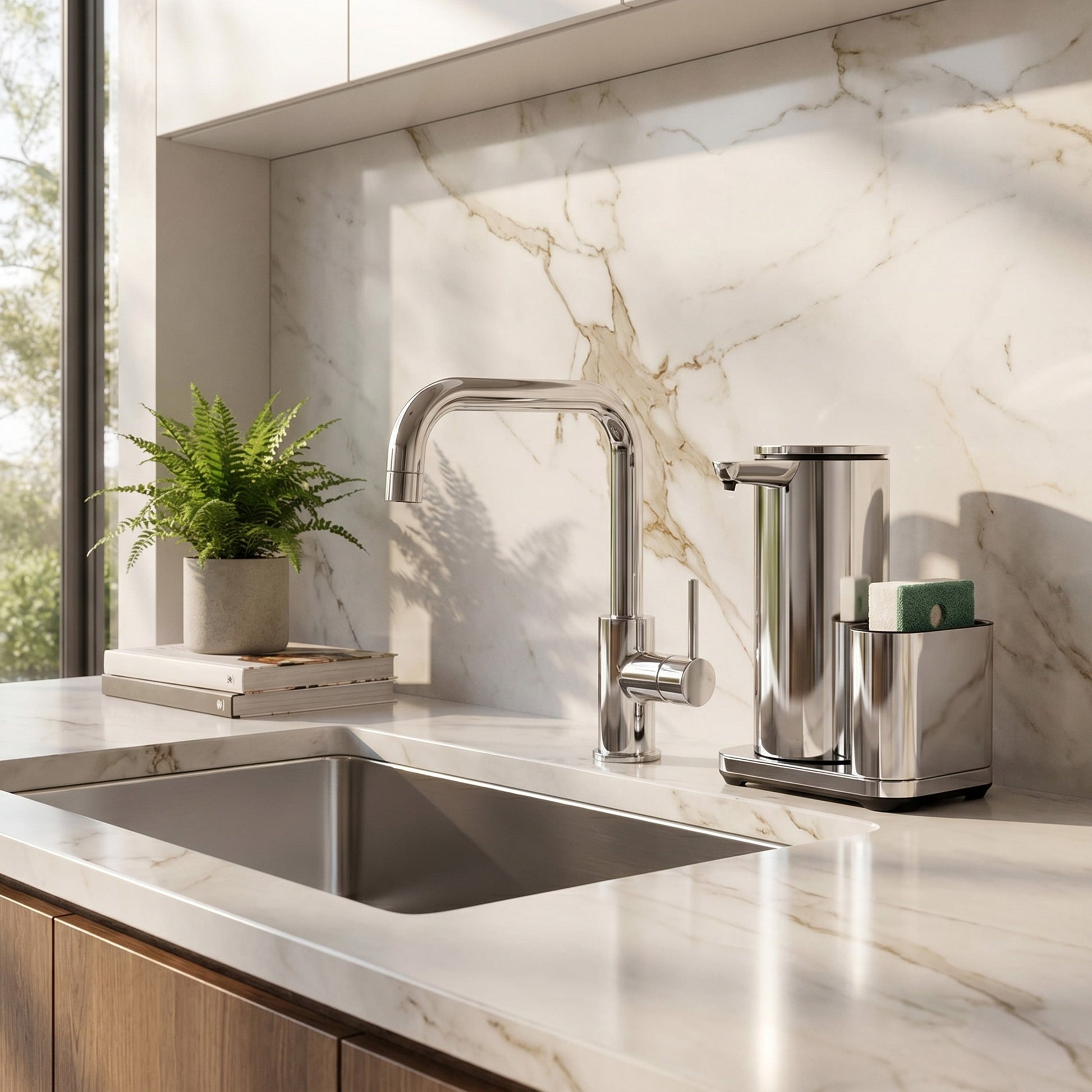Simplehuman's 14 oz. Liquid Sensor Pump with Caddy in Polished in a modern kitchen setting with matching polish appliances, marble countertop and backsplash, as well as wooden cabinets in both wood and white finishes.