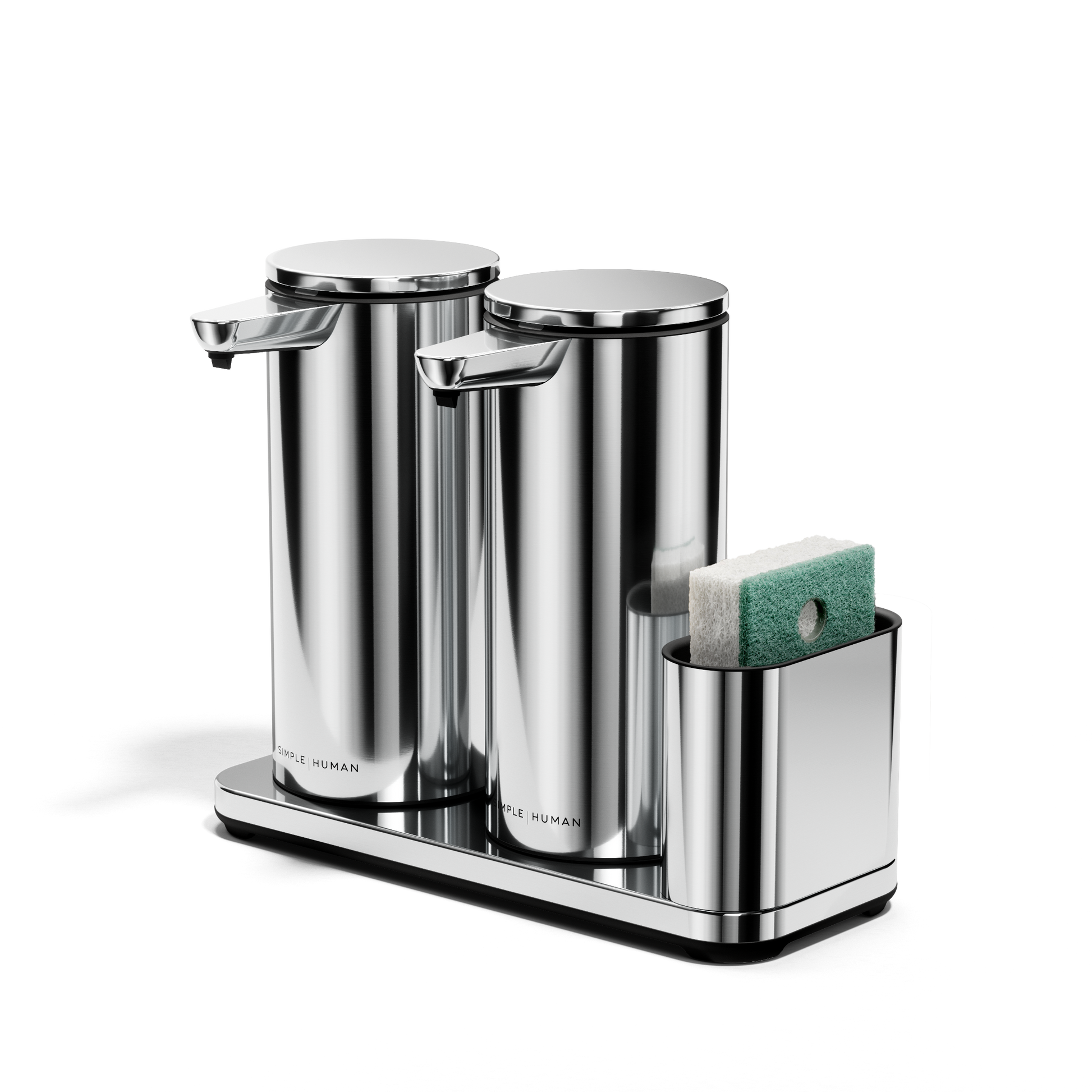 Simplehuman Dual Sensor Pump 14 oz + Caddy in Polished Stainless Steel. Angled view of touch-free soap dispensers with sponge holder.