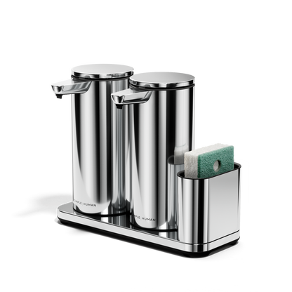 Simplehuman Dual Sensor Pump 14 oz + Caddy in Polished Stainless Steel. Angled view of touch-free soap dispensers with sponge holder.