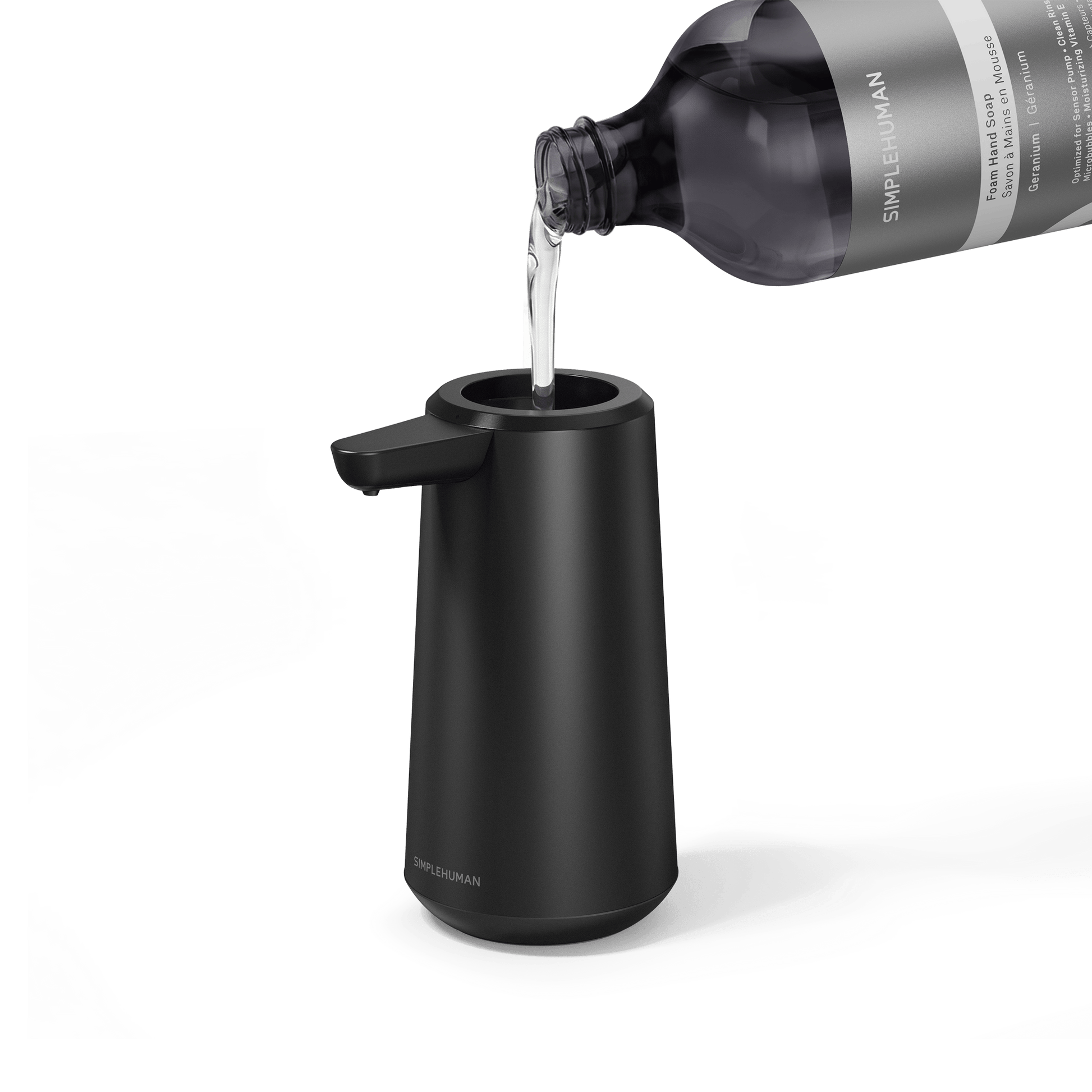 Simplehuman's Refill Bottle filling a Simplehuman Sensor Pump Foam.