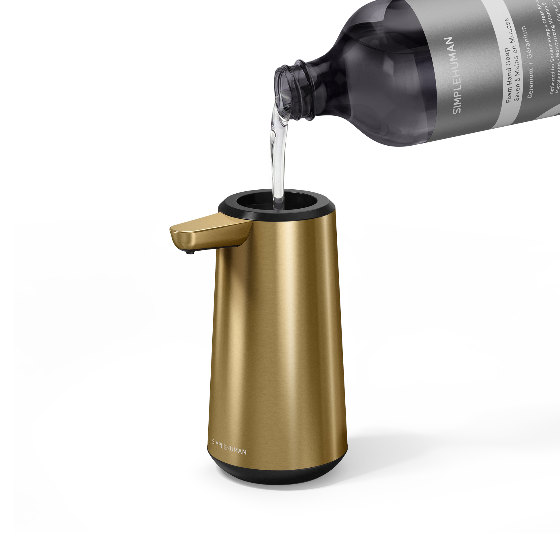 Simplehuman's Refill Bottle filling a Simplehuman Sensor Pump Foam.