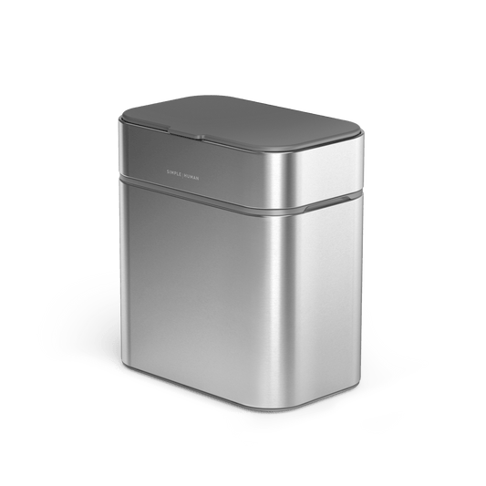 Angled view of Simplehuman Brushed Stainless Steel Shredder, compact and touch-free operation