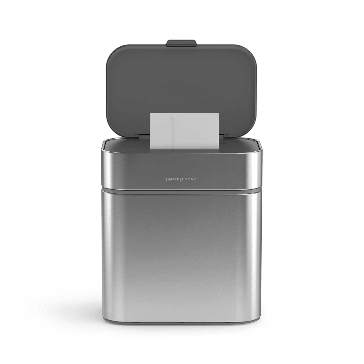 Simplehuman Brushed Stainless Steel Shredder, front view with open lid for document input