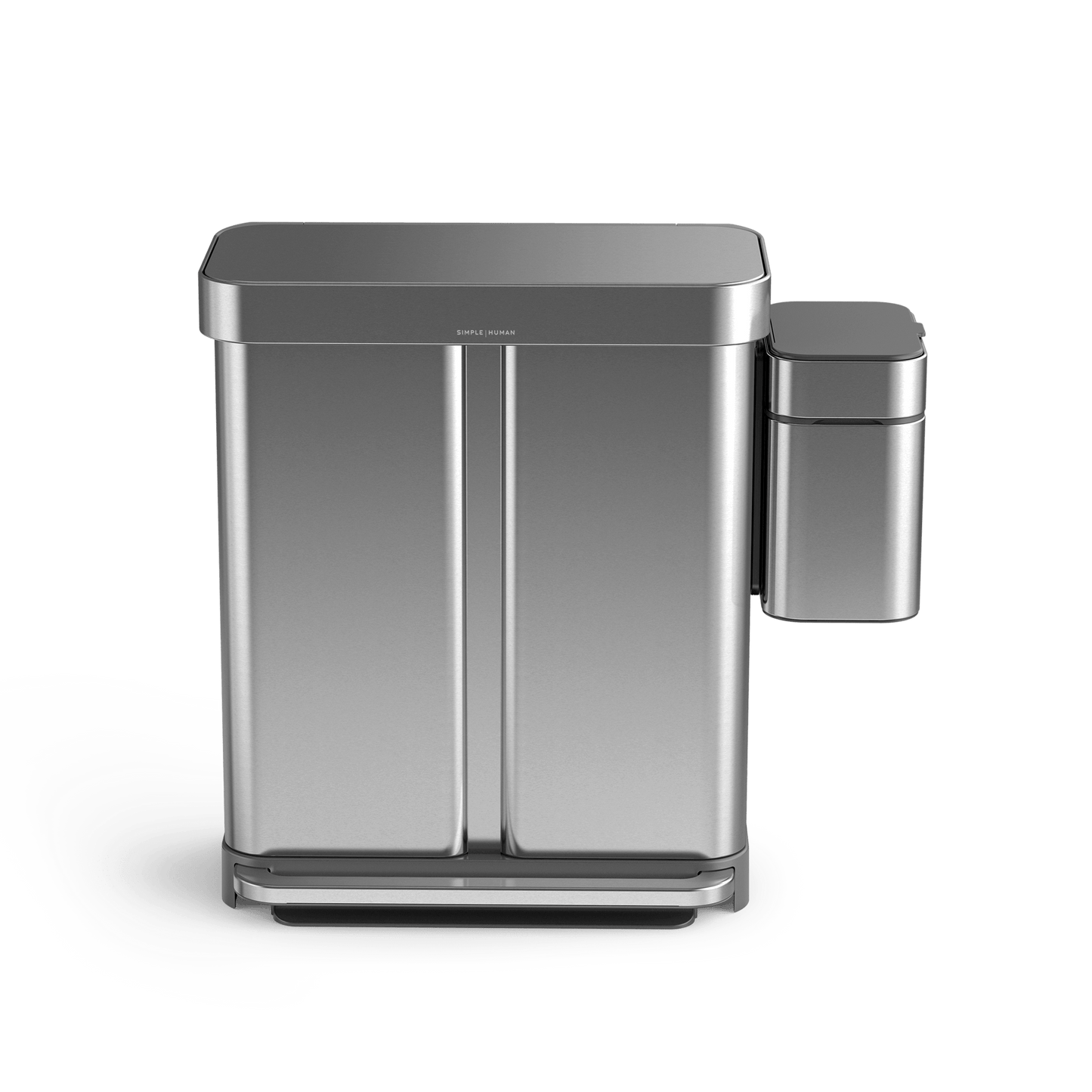 Simplehuman Brushed Stainless Steel Shredder and dual step can, hands-free foot pedal operation.