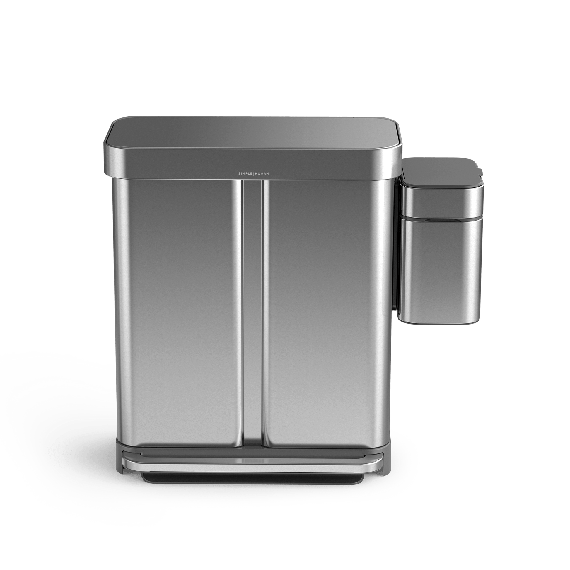 Simplehuman Brushed Stainless Steel Shredder and dual step can, hands-free foot pedal operation.