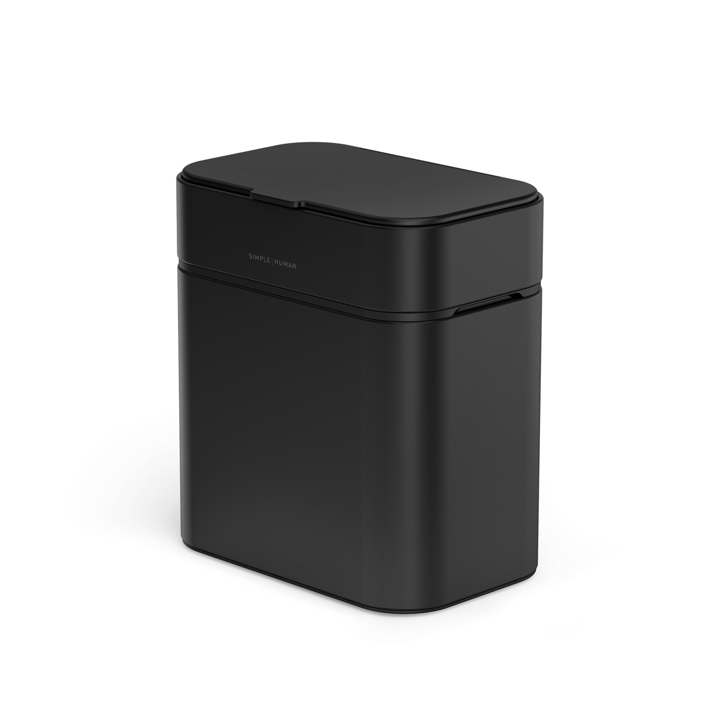 Angled view of Simplehuman Matte Black Shredder, compact and touch-free sensor operation.