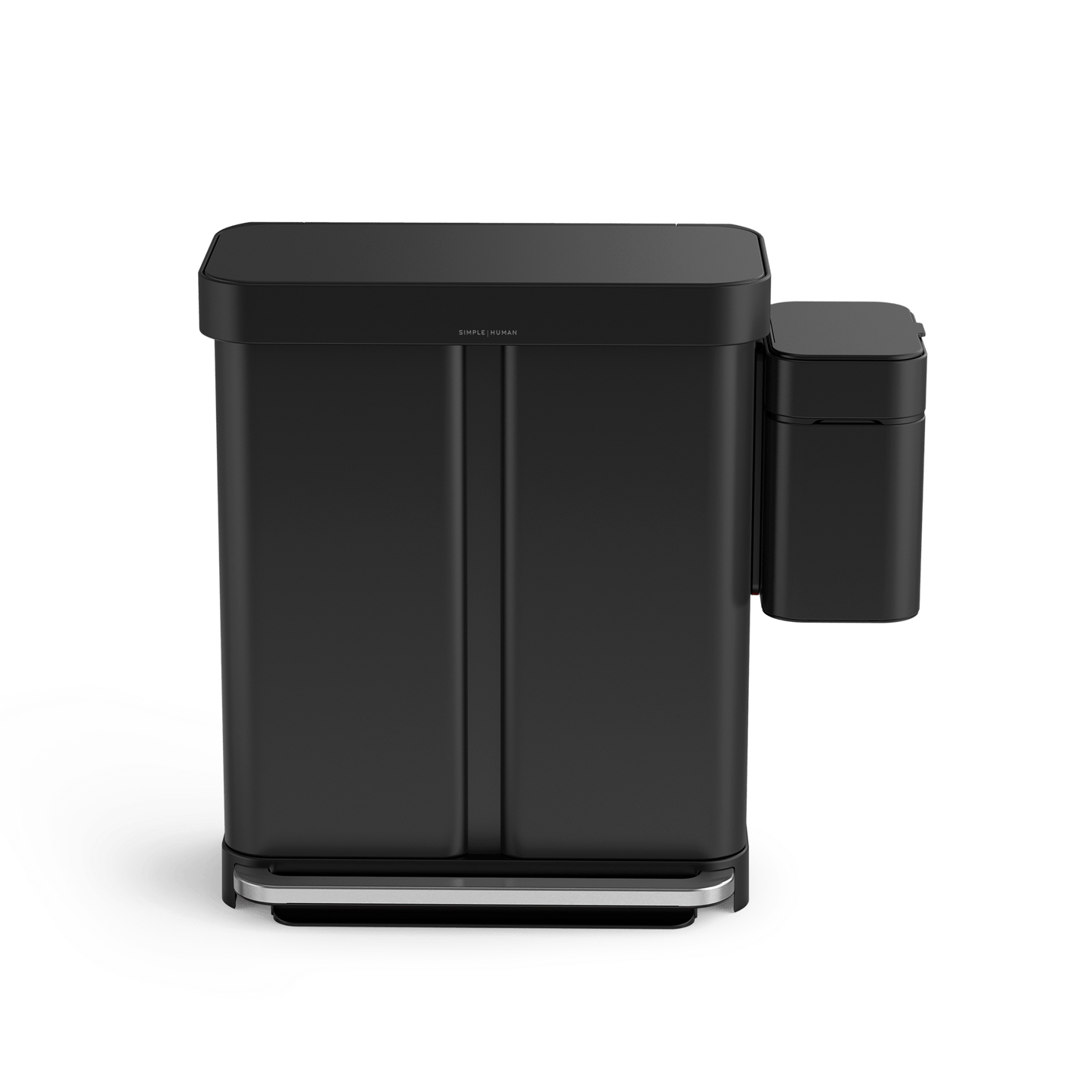 Simplehuman Matte Black Shredder and dual step can, hands-free operation via foot pedal and touch-free sensor.
