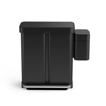Simplehuman Matte Black Shredder and dual step can, hands-free operation via foot pedal and touch-free sensor.