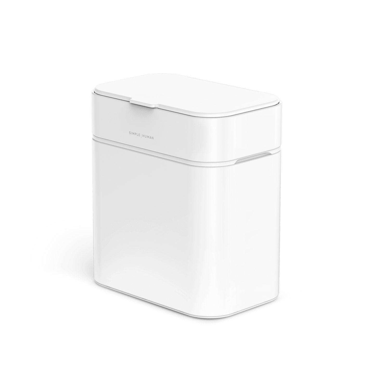 Angled view of Simplehuman White Shredder, compact and touch-free sensor operation.