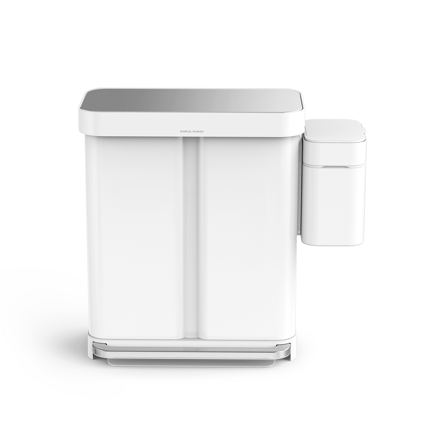 Simplehuman White Dual Step Can and Shredder combo, hands-free foot pedal and touch-free sensor operation.
