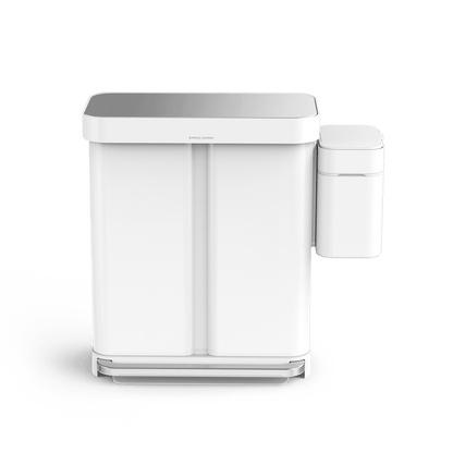 Simplehuman White Dual Step Can and Shredder combo, hands-free foot pedal and touch-free sensor operation.