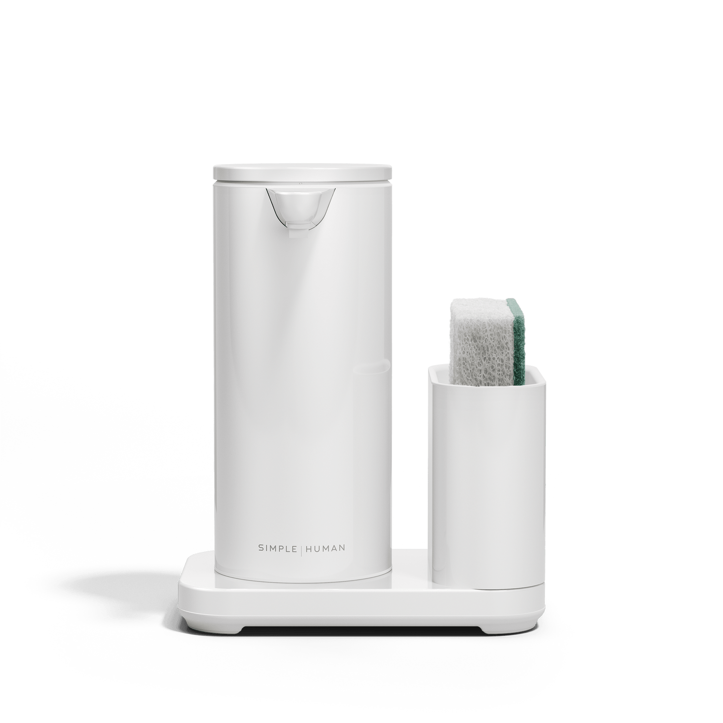 Front view of Simplehuman White 9 oz Sensor Pump and Caddy, organized touch-free dispensing.